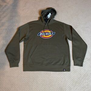 Dickies Hoodie Fleece Sweatshirt Men’s Large, military green w/ Tri-color logo.
